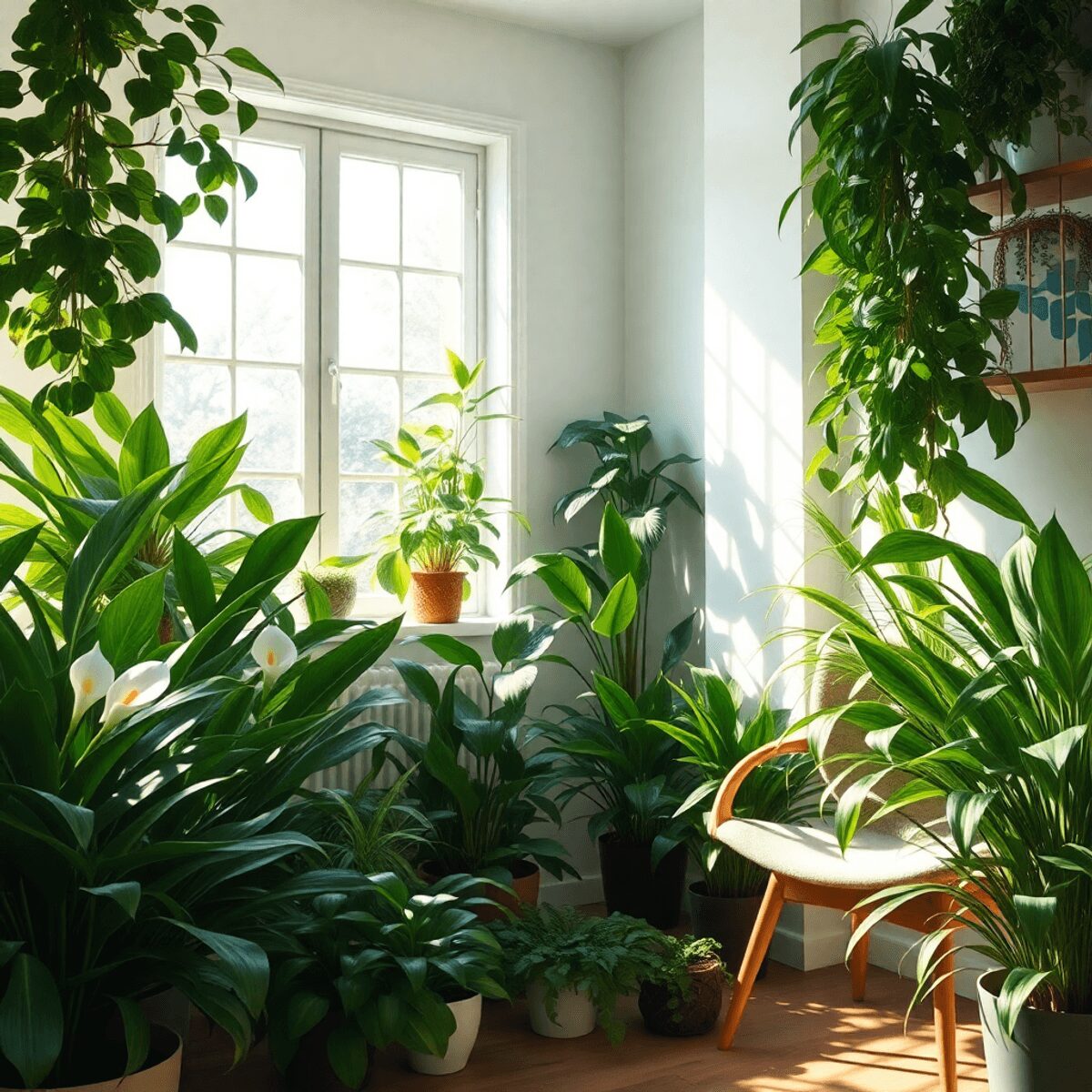 Un espace intérieur lumineux rempli de diverses plantes purificatrices d'air, avec la lumière du soleil qui pénètre par une fenêtre, et comprenant ...