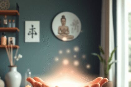 Une clinique de bien-être calme avec des mains sur un champ d'énergie lumineux, des aiguilles d'acupuncture, des éléments de massage shiatsu et un ...