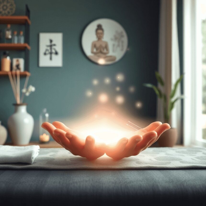 Une clinique de bien-être calme avec des mains sur un champ d'énergie lumineux, des aiguilles d'acupuncture, des éléments de massage shiatsu et un ...