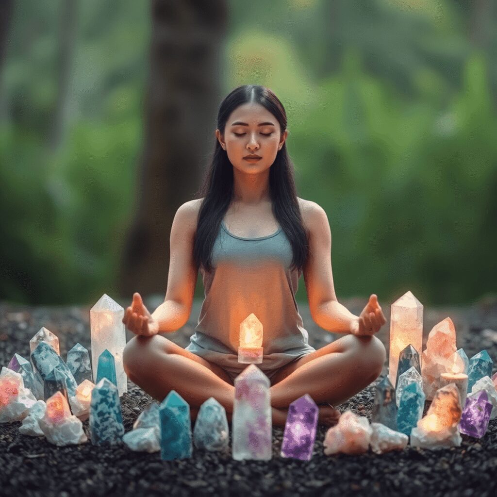 Une femme calme méditant en position assise, les yeux fermés, entourée de cristaux colorés lumineux dans un cadre naturel paisible.