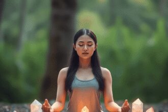 Une femme calme méditant en position assise, les yeux fermés, entourée de cristaux colorés lumineux dans un cadre naturel paisible.