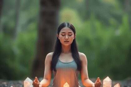 Une femme calme méditant en position assise, les yeux fermés, entourée de cristaux colorés lumineux dans un cadre naturel paisible.