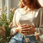 Une jeune femme tenant doucement son bas-ventre, entourée de douces plantes herbacées et de lumière chaleureuse, transmettant un soulagement nature...