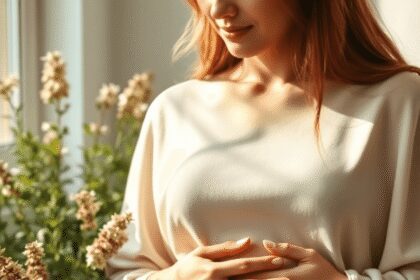 Une jeune femme tenant doucement son bas-ventre, entourée de douces plantes herbacées et de lumière chaleureuse, transmettant un soulagement nature...