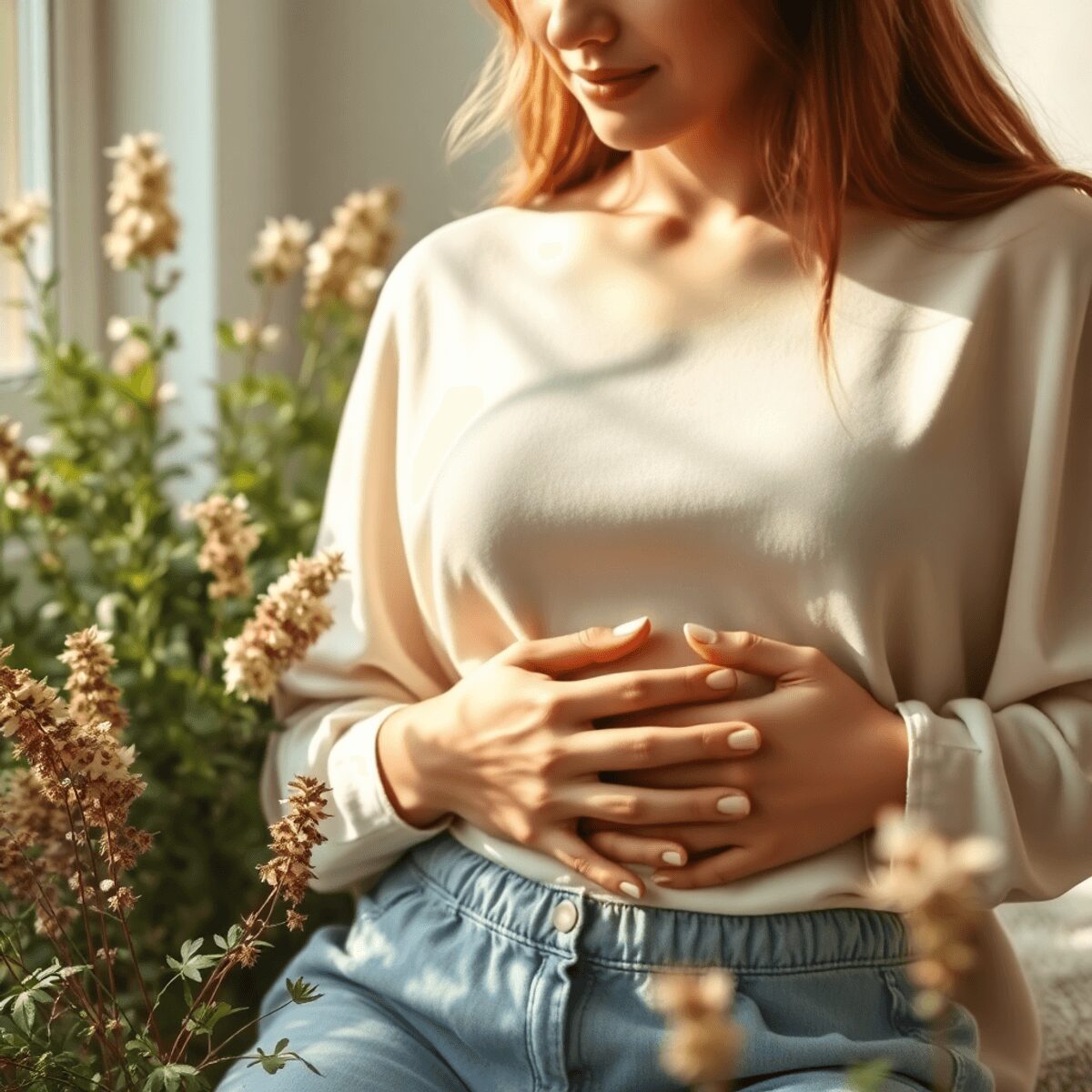 Une jeune femme tenant doucement son bas-ventre, entourée de douces plantes herbacées et de lumière chaleureuse, transmettant un soulagement nature...
