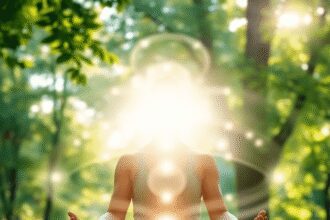 Une personne méditant dans un cadre verdoyant, entourée de vagues d'énergie douce et lumineuse, avec une lumière douce filtrant à travers les arbre...