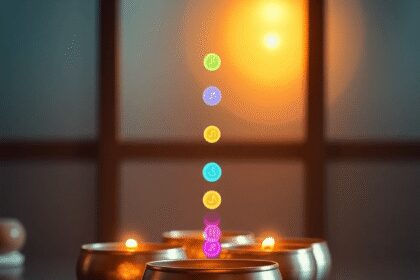 Une scène de spa sereine avec des bols chantants tibétains et des symboles de chakra lumineux alignés verticalement, baignés dans une lumière chale...