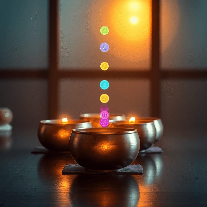 Une scène de spa sereine avec des bols chantants tibétains et des symboles de chakra lumineux alignés verticalement, baignés dans une lumière chale...