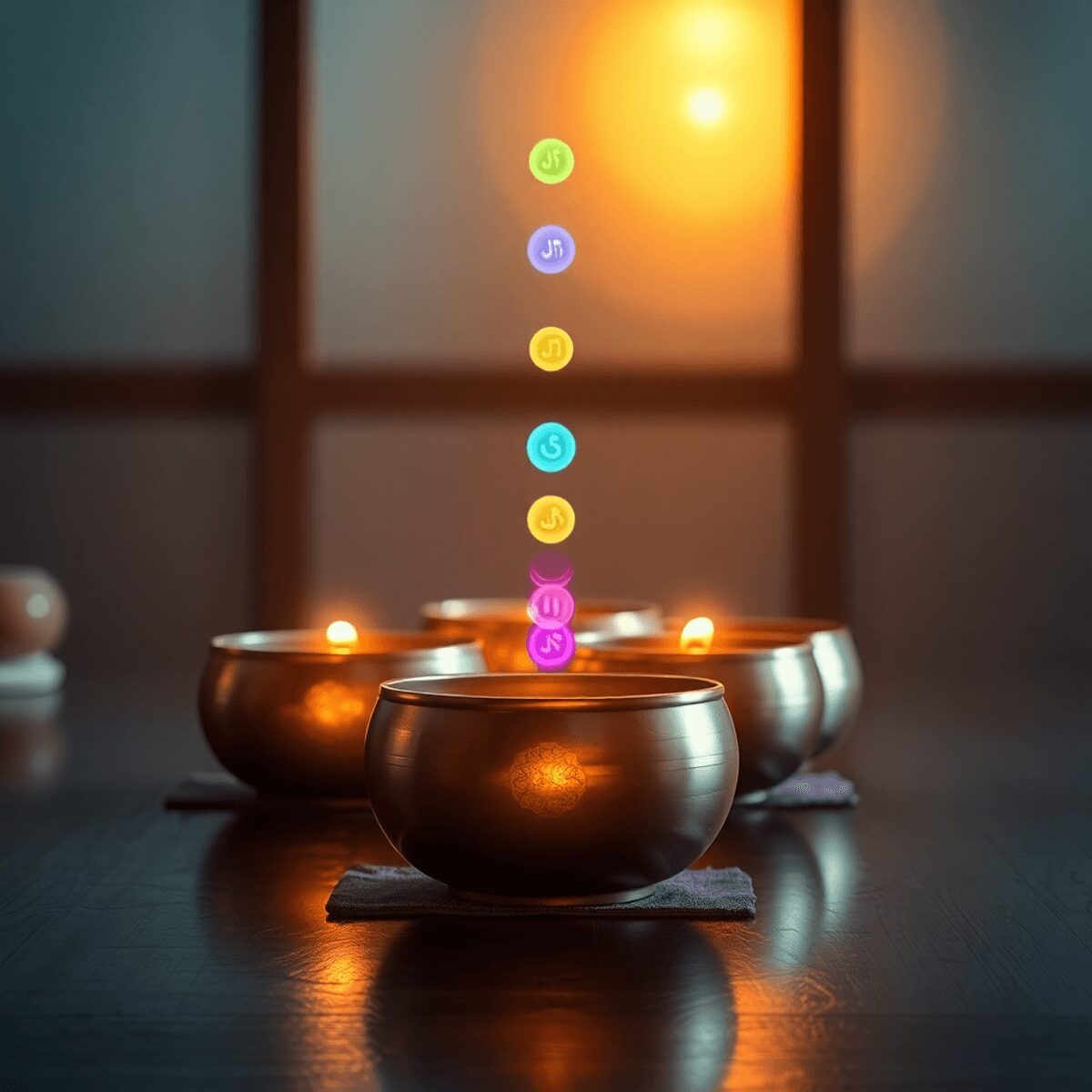 Une scène de spa sereine avec des bols chantants tibétains et des symboles de chakra lumineux alignés verticalement, baignés dans une lumière chale...