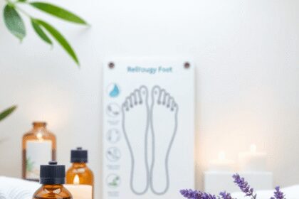 Une scène de spa sereine avec des bouteilles d'huiles essentielles, un tableau de réflexologie plantaire, de la lavande, de l'aloe vera et un éclai...