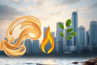 Une scène sereine avec de l'air tourbillonnant, du feu brillant et de l'eau coulant, avec des tons terreux contre une silhouette urbaine moderne, a...