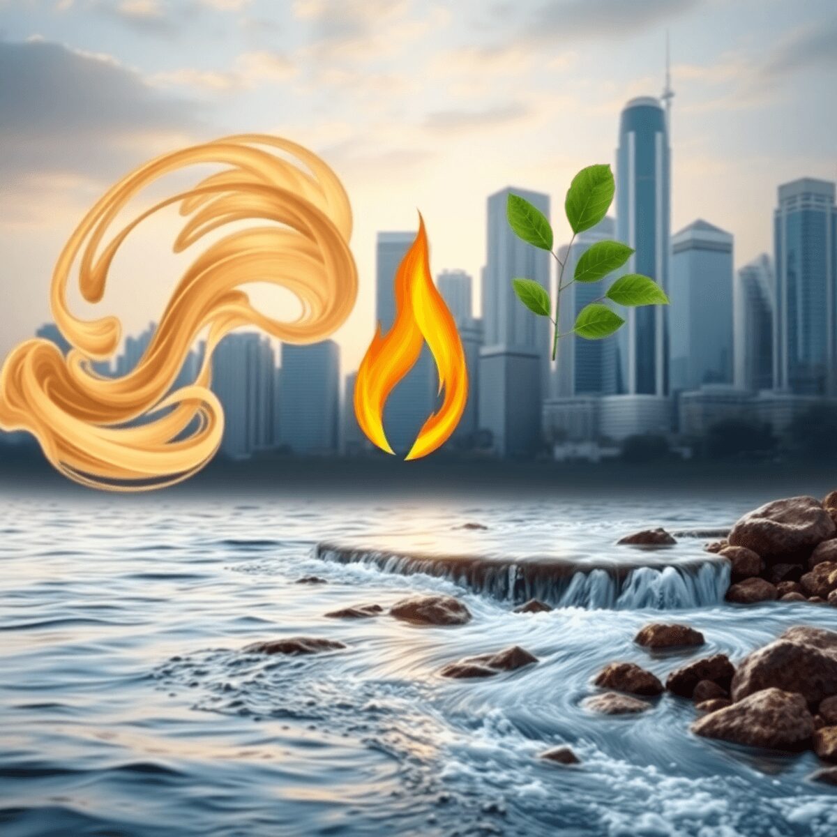Une scène sereine avec de l'air tourbillonnant, du feu brillant et de l'eau coulant, avec des tons terreux contre une silhouette urbaine moderne, a...