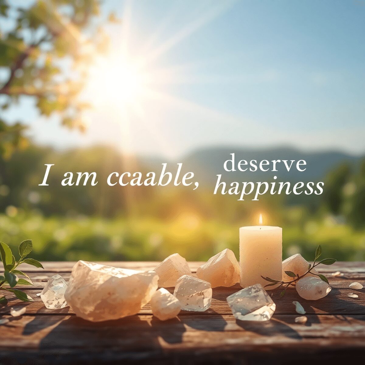 Une scène tranquille avec des cristaux doux et lumineux, des rayons de lumière doux et un arrière-plan naturel serein, présentant des affirmations ...