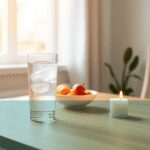 Verre d'eau, bol de fruits frais et bougie allumée sur une table en bois baignée par la douce lumière du matin, évoquant calme et équilibre.
