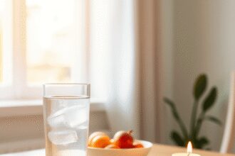 Verre d'eau, bol de fruits frais et bougie allumée sur une table en bois baignée par la douce lumière du matin, évoquant calme et équilibre.