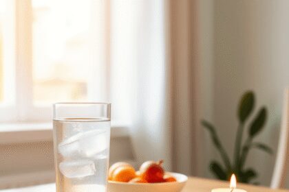 Verre d'eau, bol de fruits frais et bougie allumée sur une table en bois baignée par la douce lumière du matin, évoquant calme et équilibre.
