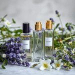 Bouteilles de parfum en verre élégantes entourées de lavande fraîche et de mélisse, éclairées doucement pour évoquer la tranquillité et le bien-êtr...