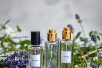 Bouteilles de parfum en verre élégantes entourées de lavande fraîche et de mélisse, éclairées doucement pour évoquer la tranquillité et le bien-êtr...
