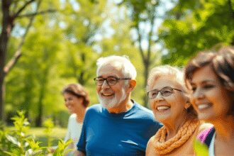 Des seniors souriants profitant d'activités de plein air dans un parc ensoleillé avec des plantes vertes et des fruits éclatants symbolisant la vit...