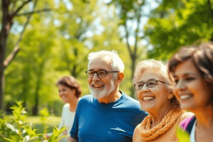 Des seniors souriants profitant d'activités de plein air dans un parc ensoleillé avec des plantes vertes et des fruits éclatants symbolisant la vit...