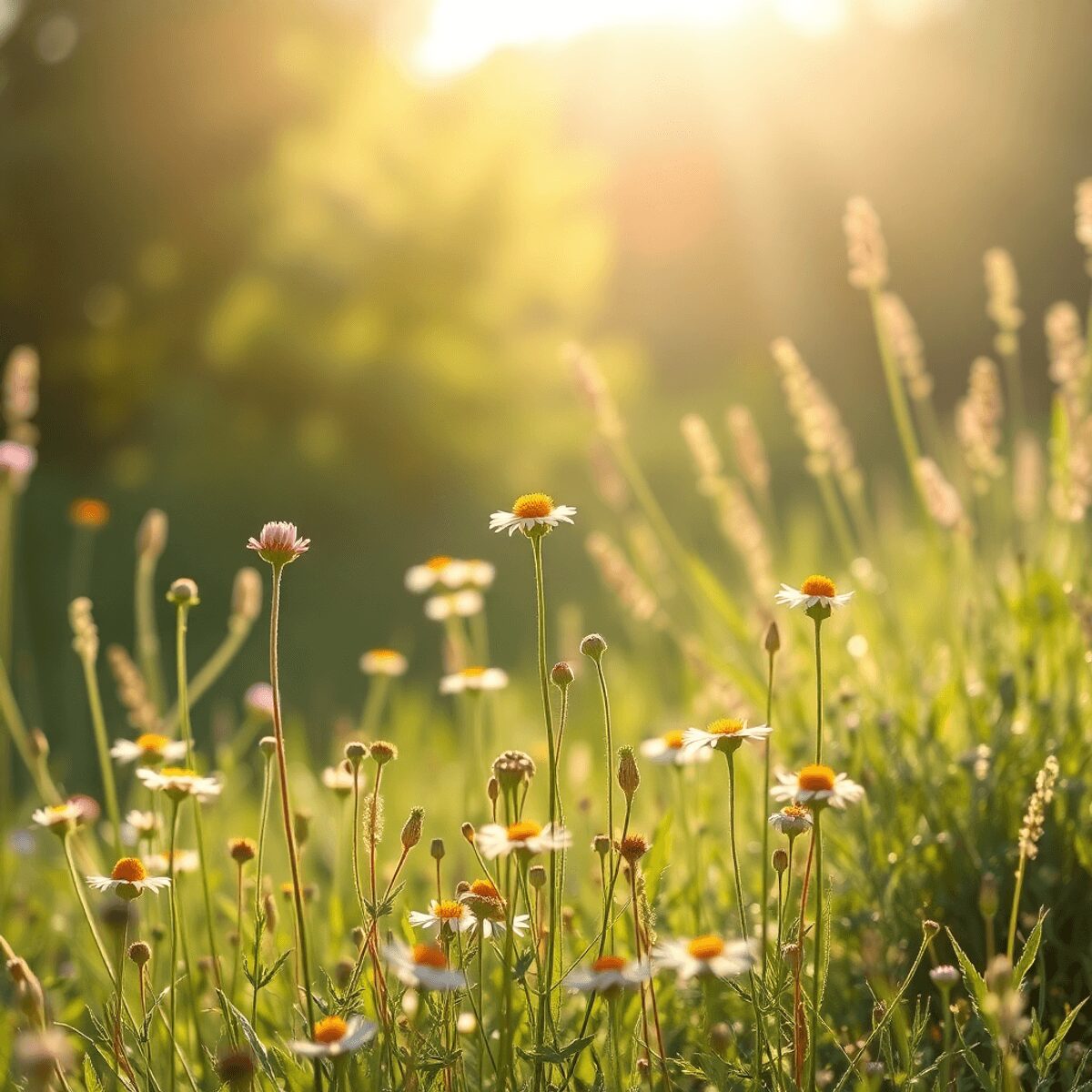 Fleurs sauvages baignées de doux rayons de soleil avec une lueur douce, évoquant calme et harmonie intérieure dans un cadre naturel serein.