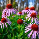 Gros plan de fleurs d'Echinacea violettes vibrantes avec des centres orange sur fond flou de forêt, symbolisant le soutien immunitaire naturel.