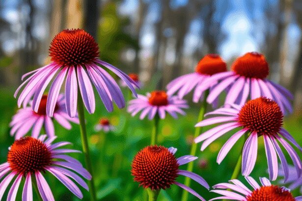 Gros plan de fleurs d'Echinacea violettes vibrantes avec des centres orange sur fond flou de forêt, symbolisant le soutien immunitaire naturel.