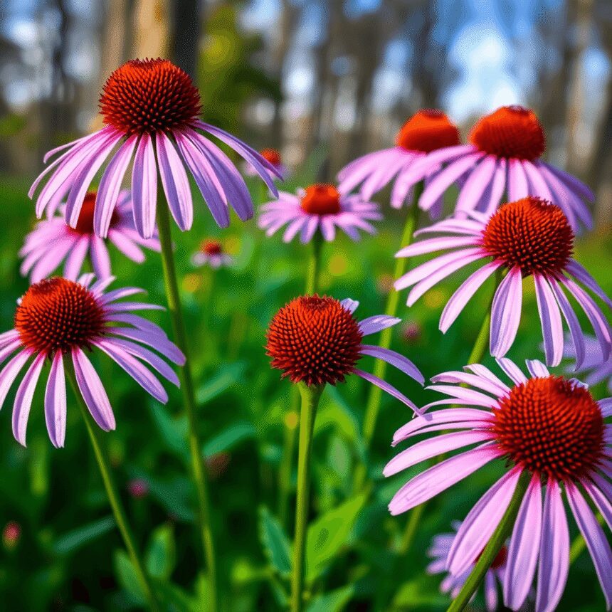 Gros plan de fleurs d'Echinacea violettes vibrantes avec des centres orange sur fond flou de forêt, symbolisant le soutien immunitaire naturel.