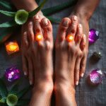 Gros plan de mains avec des points de réflexologie lumineux, entourées de feuilles d'aloe vera et de pierres précieuses, représentant le bien-être ...