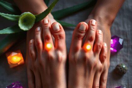Gros plan de mains avec des points de réflexologie lumineux, entourées de feuilles d'aloe vera et de pierres précieuses, représentant le bien-être ...
