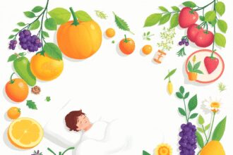Illustration de fruits et légumes frais, de remèdes à base de plantes, de yoga, de méditation et d'un espace de sommeil paisible symbolisant le bie...