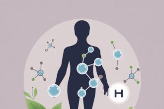 Illustration de molécules chimiques avec des feuilles et des capsules probiotiques entourant une silhouette humaine subtile symbolisant l'équilibre...