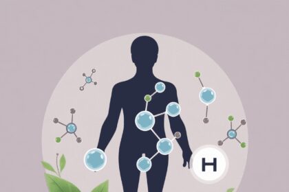 Illustration de molécules chimiques avec des feuilles et des capsules probiotiques entourant une silhouette humaine subtile symbolisant l'équilibre...