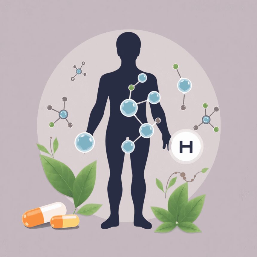 Illustration de molécules chimiques avec des feuilles et des capsules probiotiques entourant une silhouette humaine subtile symbolisant l'équilibre...