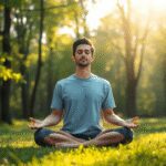 Personne assise paisiblement dans la nature, pratiquant la respiration consciente avec la lumière du soleil filtrant à travers les arbres, symbolis...