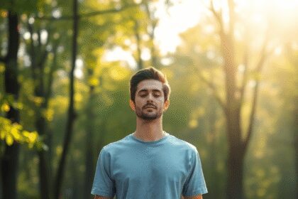 Personne assise paisiblement dans la nature, pratiquant la respiration consciente avec la lumière du soleil filtrant à travers les arbres, symbolis...