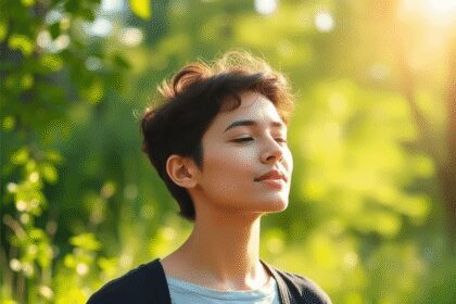 Personne pratiquant la respiration profonde en plein air au milieu d'une douce verdure et d'un doux soleil, symbolisant le calme et le soulagement ...