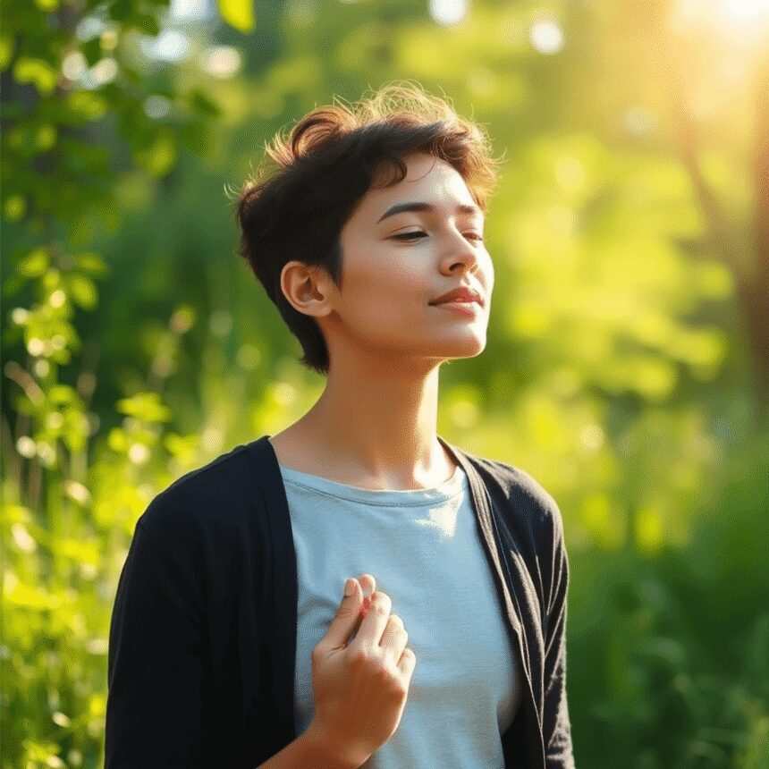 Personne pratiquant la respiration profonde en plein air au milieu d'une douce verdure et d'un doux soleil, symbolisant le calme et le soulagement ...