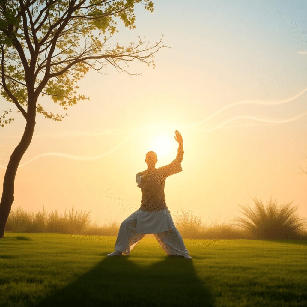 Initiation au Qi Gong : mouvements essentiels pour un équilibre énergétique durable Personne pratiquant le Qi Gong en plein air, au milieu d'une douce lumière du soleil, d'une verdure délicate et de vagues d'énergie subtiles symbol...