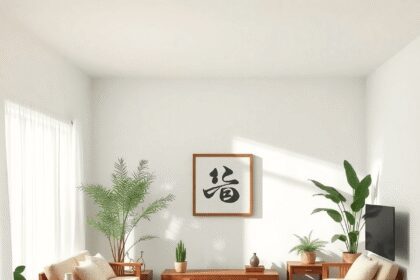 Salon ensoleillé avec des meubles en bois, des plantes et des éléments aquatiques disposés harmonieusement pour symboliser un flux d'énergie équili...