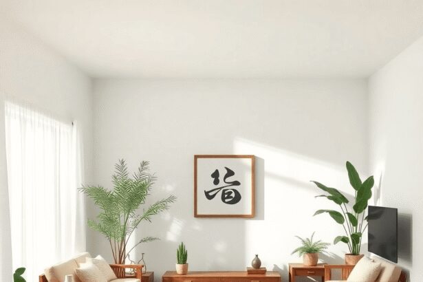 Salon ensoleillé avec des meubles en bois, des plantes et des éléments aquatiques disposés harmonieusement pour symboliser un flux d'énergie équili...