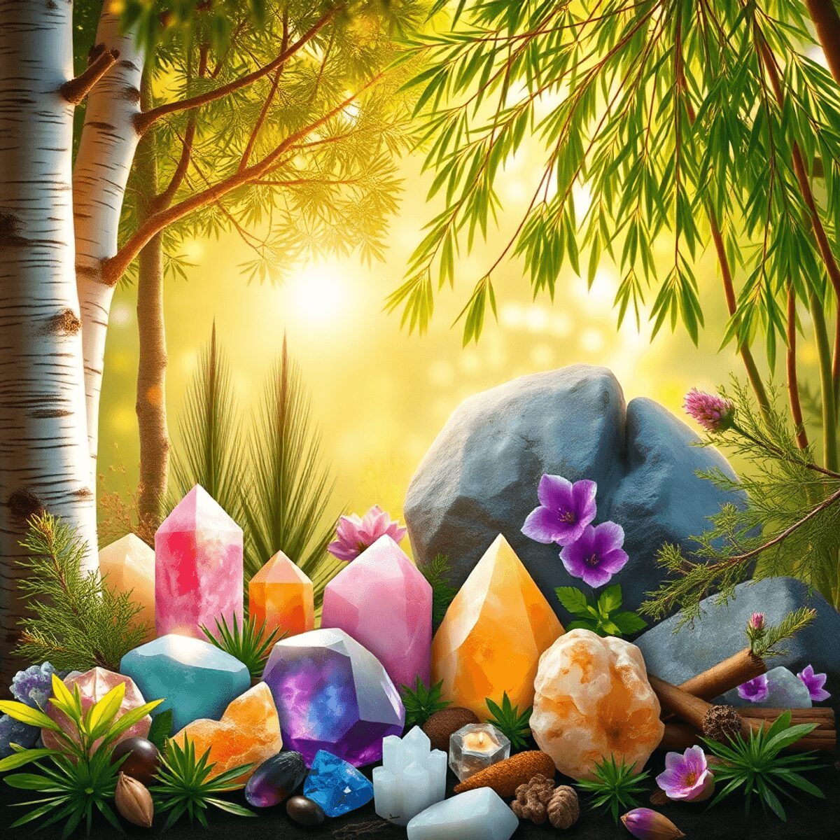 Scène forestière ensoleillée avec des bouleaux, des cyprès, des pins, des chênes et des saules, des cristaux colorés et des herbes brillantes évoqu...