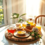 Table de petit-déjeuner confortable avec du miel, de l'ail, des aliments probiotiques baignés de doux rayons de soleil matinal à travers une fenêtr...