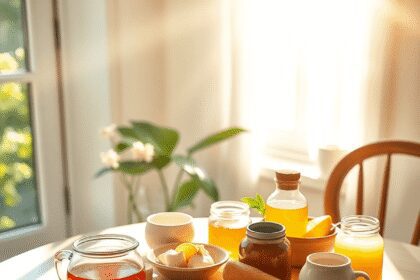 Table de petit-déjeuner confortable avec du miel, de l'ail, des aliments probiotiques baignés de doux rayons de soleil matinal à travers une fenêtr...