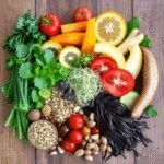 Un assortiment coloré de fruits frais, de légumes, de graines germées, de noix et d'algues disposés sur une surface en bois.