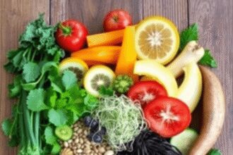 Un assortiment coloré de fruits frais, de légumes, de graines germées, de noix et d'algues disposés sur une surface en bois.