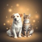 Un chien et un chat paisibles sont assis ensemble, entourés de champs d'énergie douce et lumineuse, ainsi que d'orbes de lumière douce, symbolisant...