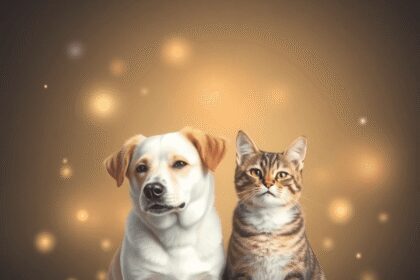 Un chien et un chat paisibles sont assis ensemble, entourés de champs d'énergie douce et lumineuse, ainsi que d'orbes de lumière douce, symbolisant...