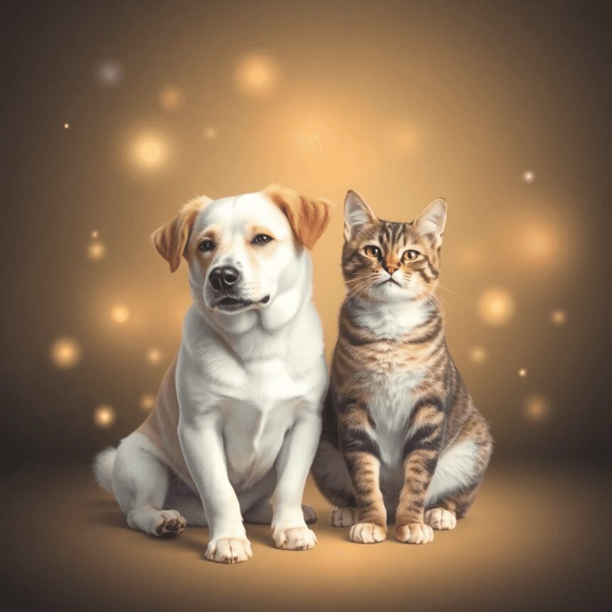 Un chien et un chat paisibles sont assis ensemble, entourés de champs d'énergie douce et lumineuse, ainsi que d'orbes de lumière douce, symbolisant...