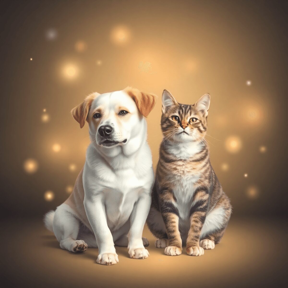 Un chien et un chat paisibles sont assis ensemble, entourés de champs d'énergie douce et lumineuse, ainsi que d'orbes de lumière douce, symbolisant...